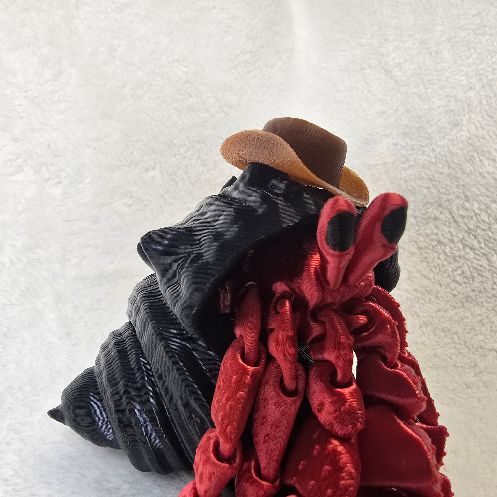 A red hermit crab in a black shell wearing a cowboy hat, seen from above